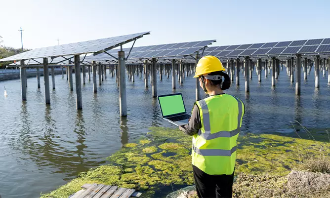 A worker on a laptop looking at lots of solar panels