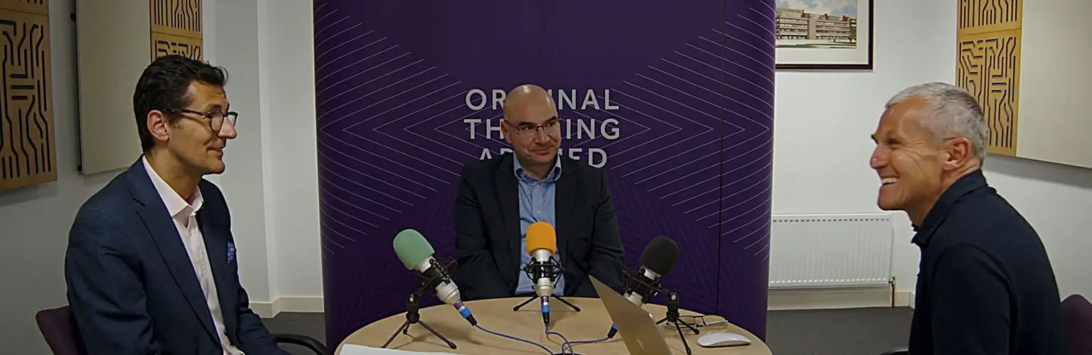 Sacha Sadan, Director of ESG at the Financial Conduct Authority, and Professor Konstantinos Stathopoulos and Jim Pendrill in the Original Thinking Podcast studio