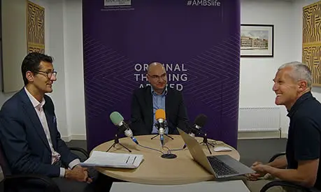 Sacha Sadan, Director of ESG at the Financial Conduct Authority, and Professor Konstantinos Stathopoulos and Jim Pendrill in the Original Thinking Podcast studio