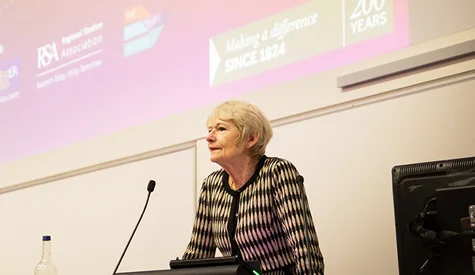 Professor Dame Nancy Rothwell addresses the GeoInno 2024 conference from the podium