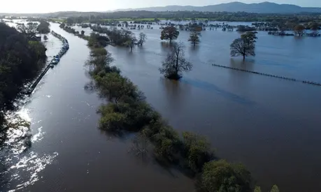Aerial view of a floods and river in the countryside