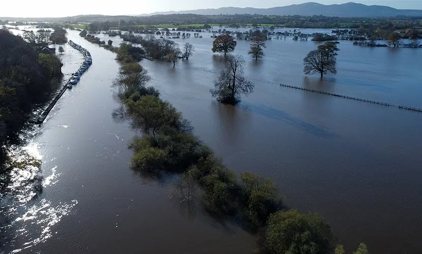 Aerial view of a floods and river in the countryside