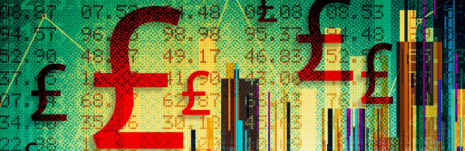 Digital financial composite illustration with UK pound symbols