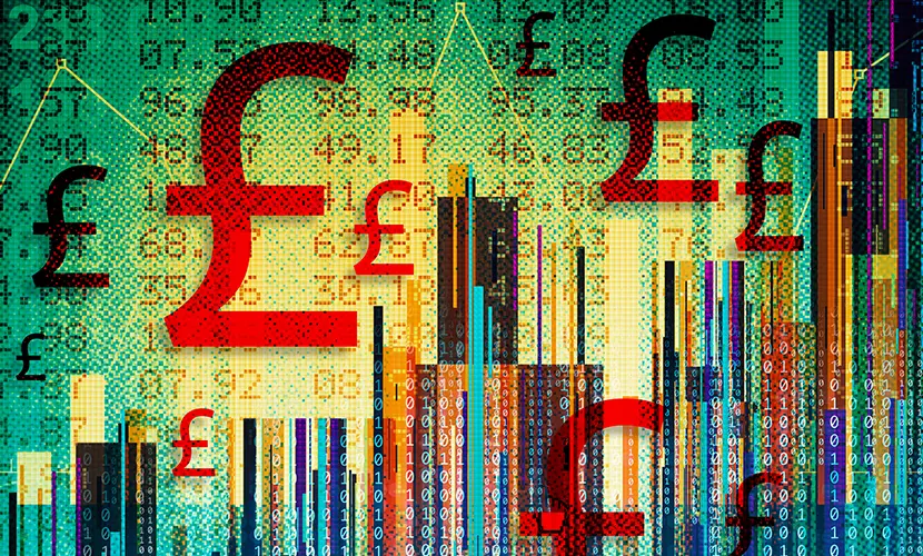 Digital financial composite illustration with UK pound symbols