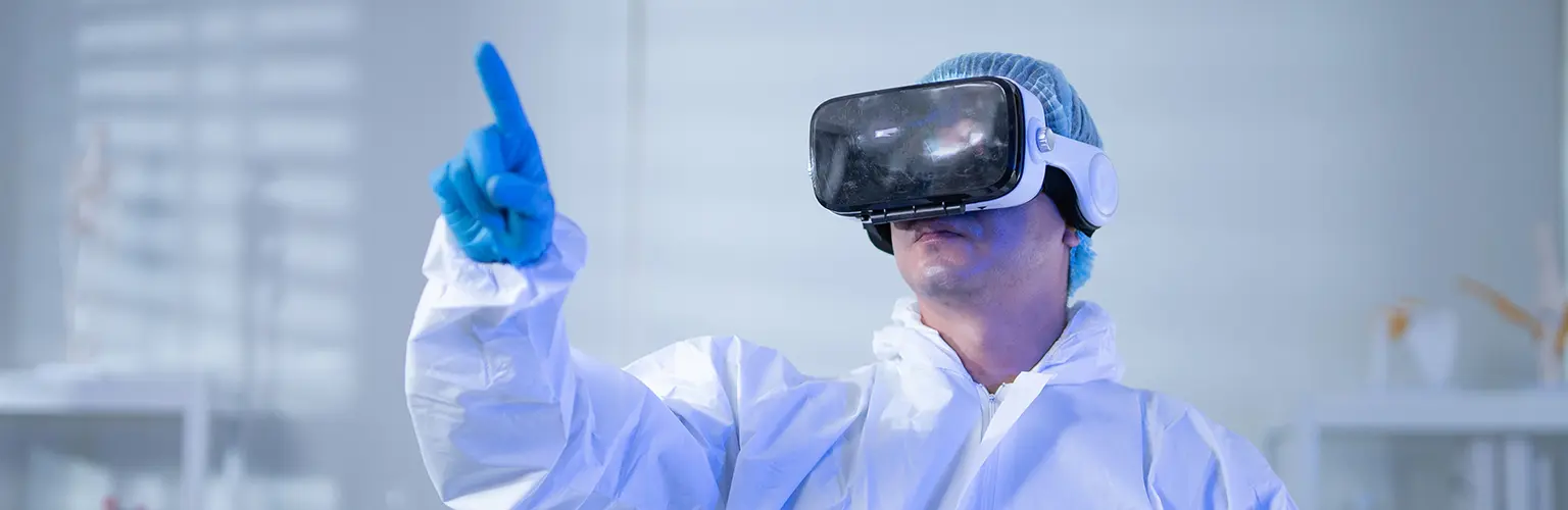 A healthcare professional in a white coat wearing a VR headset and interacting with the tool.