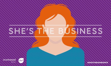Vector image of a woman on a purple background with She's The Business branding