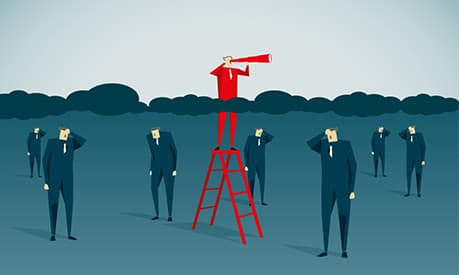 An illustration of a person coloured in red on stepladders above the clouds compared to the other people all coloured in blue suits who are on ground level