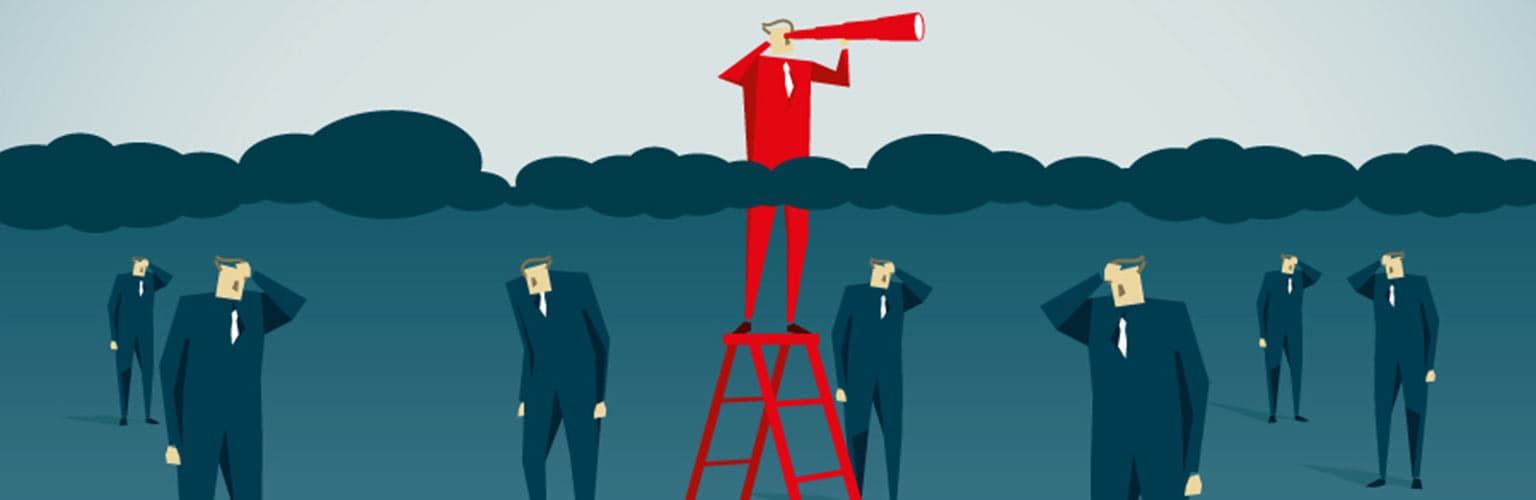 An illustration of a person coloured in red on stepladders above the clouds compared to the other people all coloured in blue suits who are on ground level
