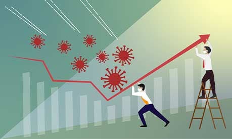 illustration of two workers in masks attempting to deflect the covid-19 virus using a line graph to do so