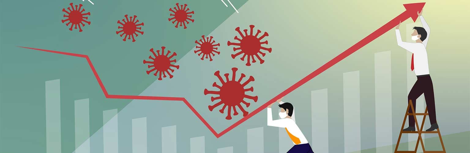 illustration of two workers in masks attempting to deflect the covid-19 virus using a line graph to do so