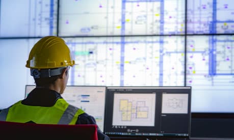 Industrial Engineering works in front of monitoring screen in the control centre. technology and AI concept.