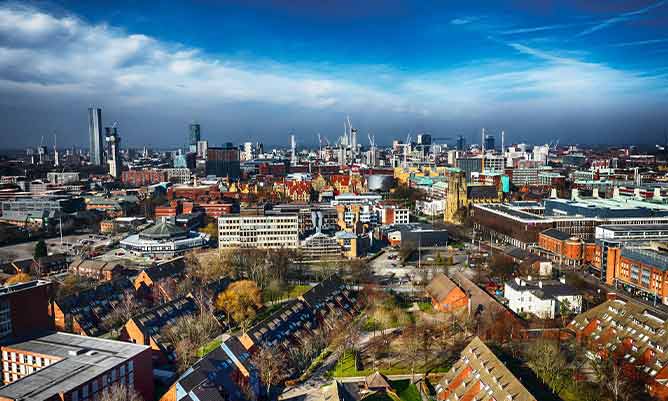 The Manchester cityscape looking from the University of Manchester