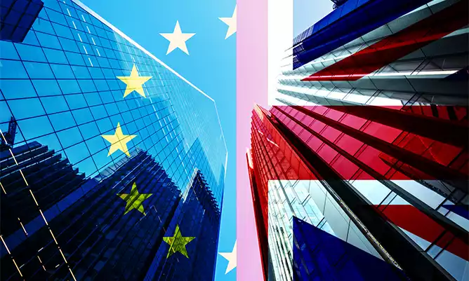 An image of the City of London Skyscraper scene with the Union Jack and EU Flag overlaid