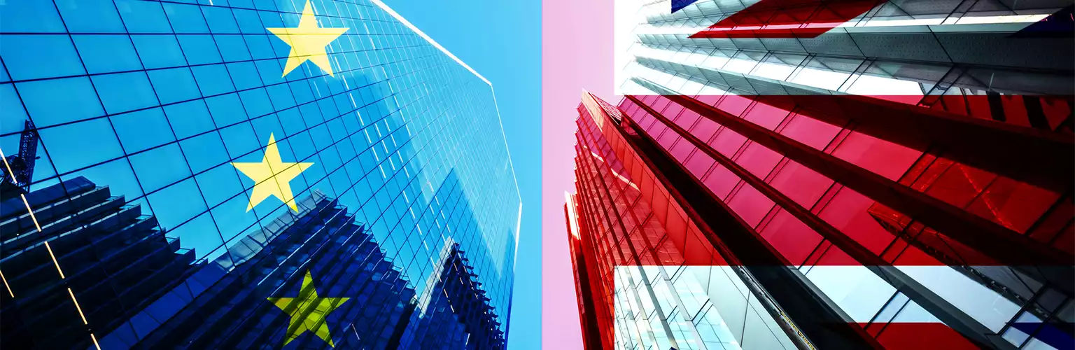 An image of the City of London Skyscraper scene with the Union Jack and EU Flag overlaid