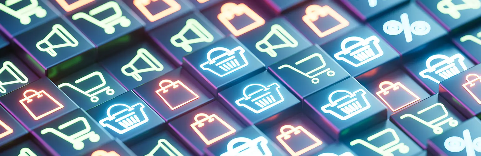 A digitally generated image showcasing glowing neon icons such as shopping carts, shopping bags and megaphones arranged on black block surfaces.