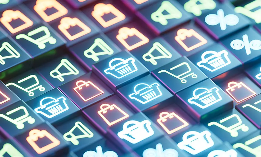 A digitally generated image showcasing glowing neon icons such as shopping carts, shopping bags and megaphones arranged on black block surfaces.