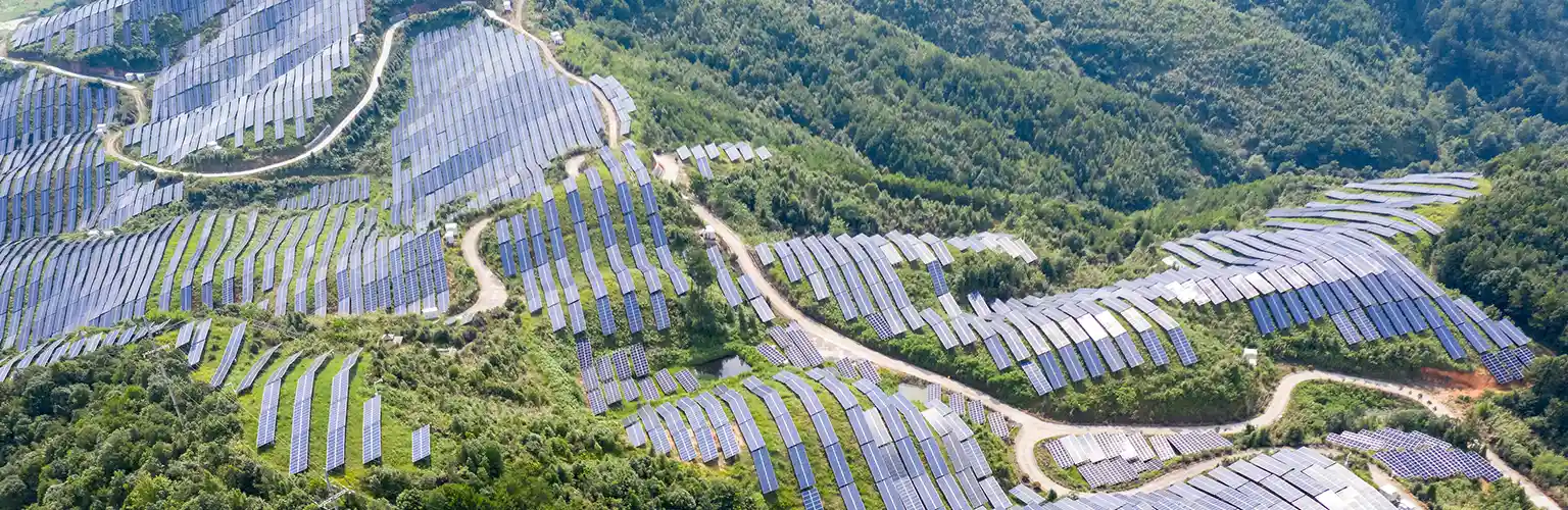 An aerial view of a solar power plant on a sunny day in Fujian Province, China.