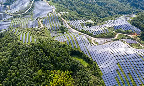 An aerial view of a solar power plant on a sunny day in Fujian Province, China.