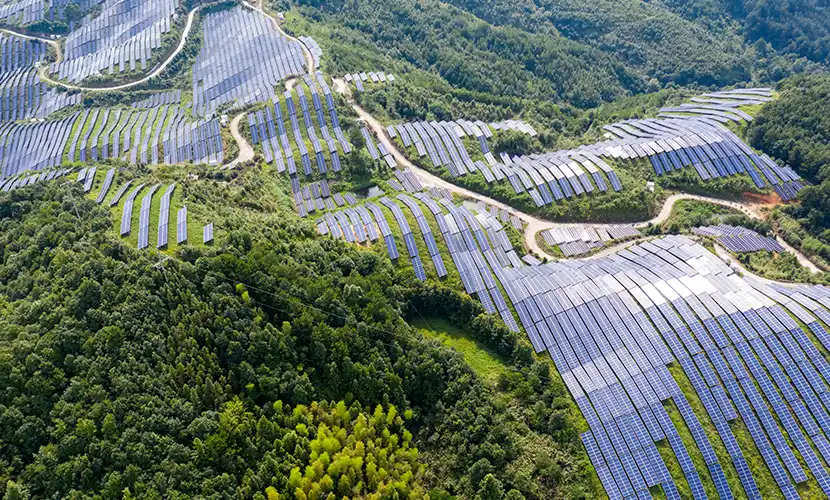 An aerial view of a solar power plant on a sunny day in Fujian Province, China.