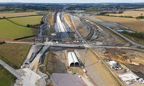 Construction taking place for the HS2 rail line in the south of England.
