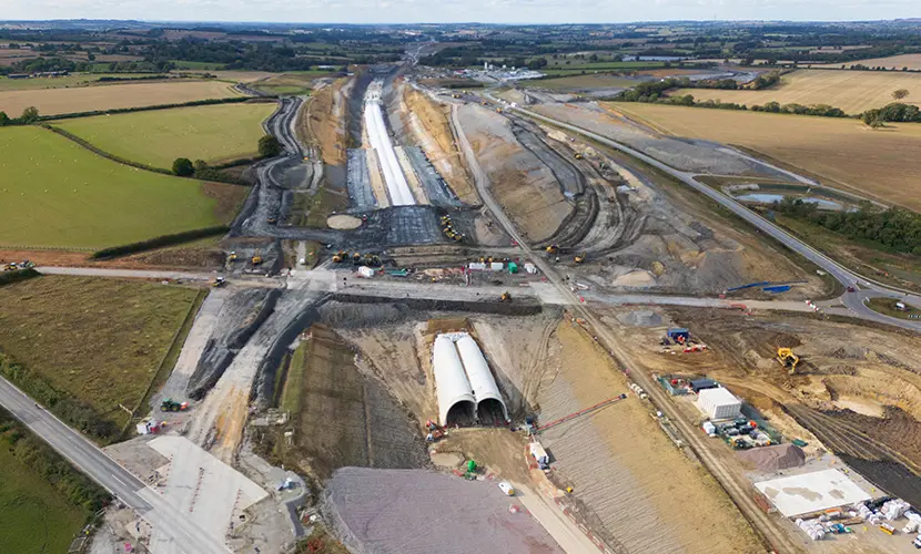 Construction taking place for the HS2 rail line in the south of England.