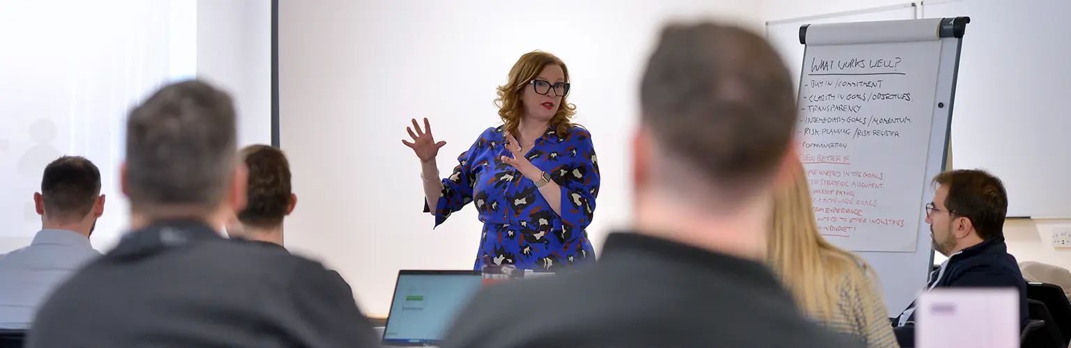 A female academic standing at the front of a classroom delivery a session to professional delegates