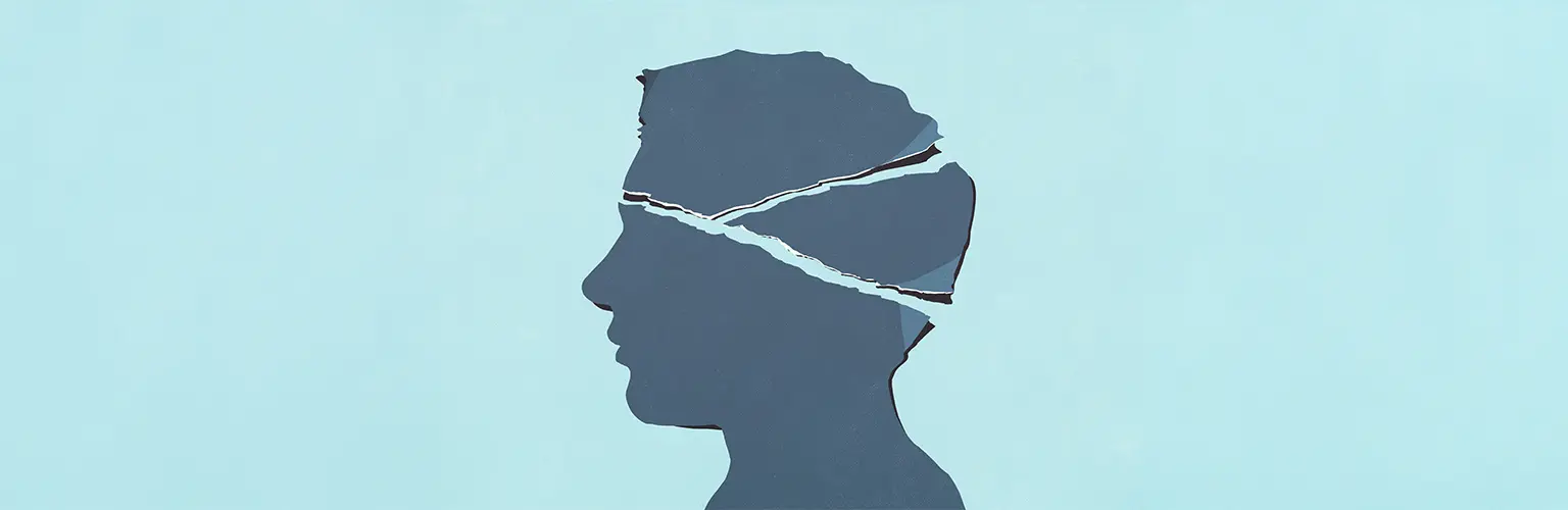 Ripped paper head profile against blue background.