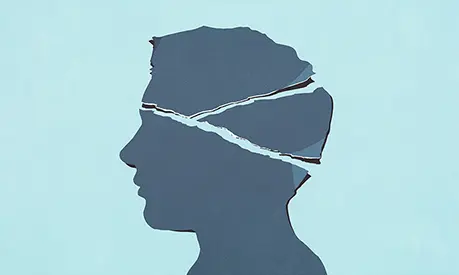Ripped paper head profile against blue background.
