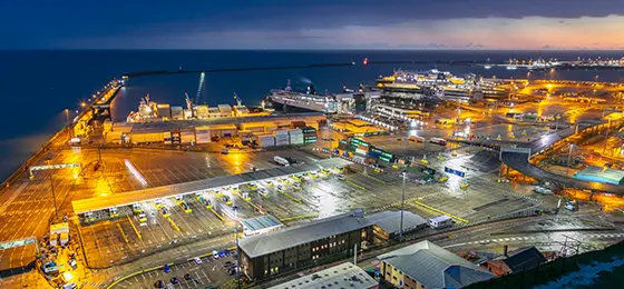 Port of Dover at night.