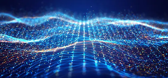 Blue and orange lines and circles on a dark blue background representing data.