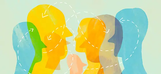Illustration of many colourful silhouettes of peoples' heads representing mental health.