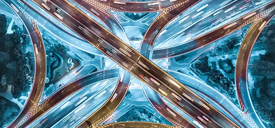Aerial view of a junction with many roads intersecting.