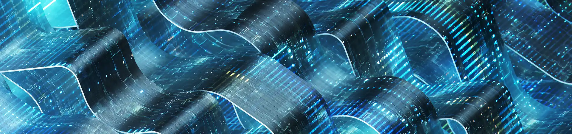 Digital data flowing through transparent wavy circuits.