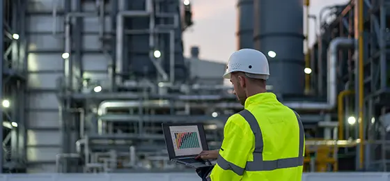 Engineer working in the oil and gas industry until late hours with his laptop.