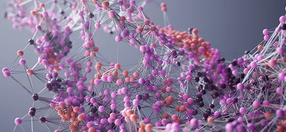 A network of pink and purple spheres representing data and networks.