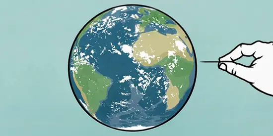Graphic hand with pin next to globe balloon