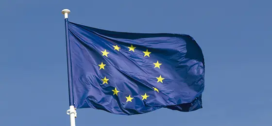 EU flag in the blue sky.