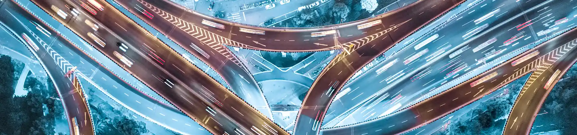 Aerial view of a junction with many roads intersecting.