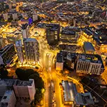 Birmingham United Kingdom Aerial view over the city center by night