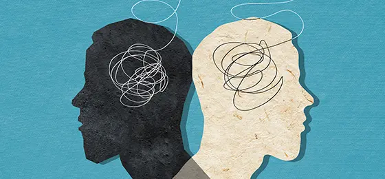Illustration of two people facing away from each other with squiggly lines to represent their brain and thoughts.