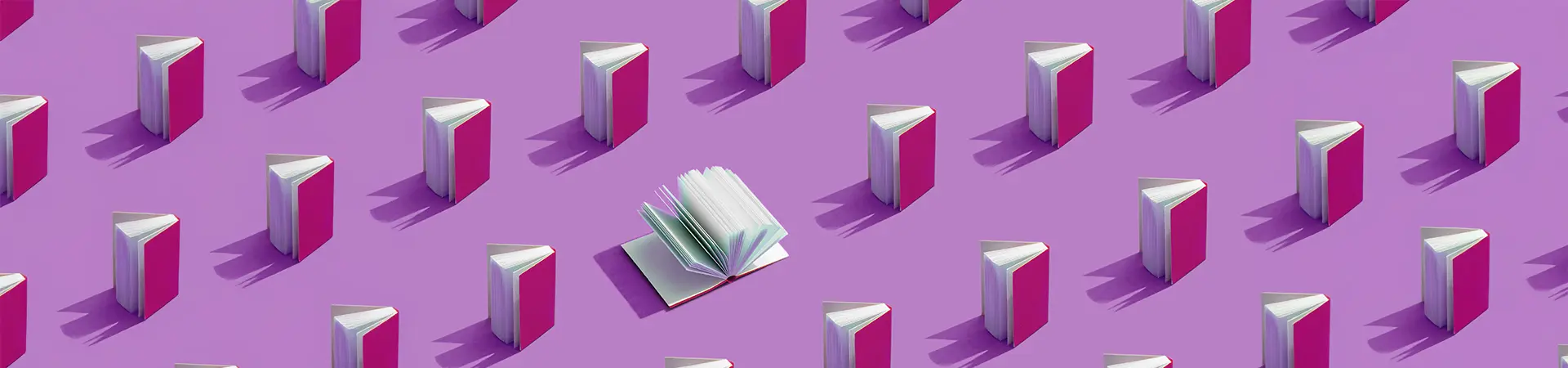 Open book surrounded by closed books with purple covers on a purple background.