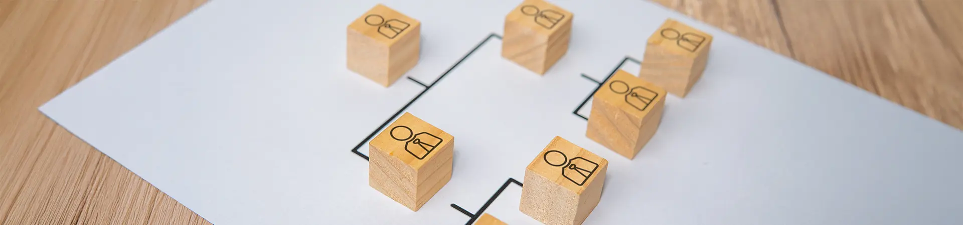 People represented by wooden figurines in an organisational structure.