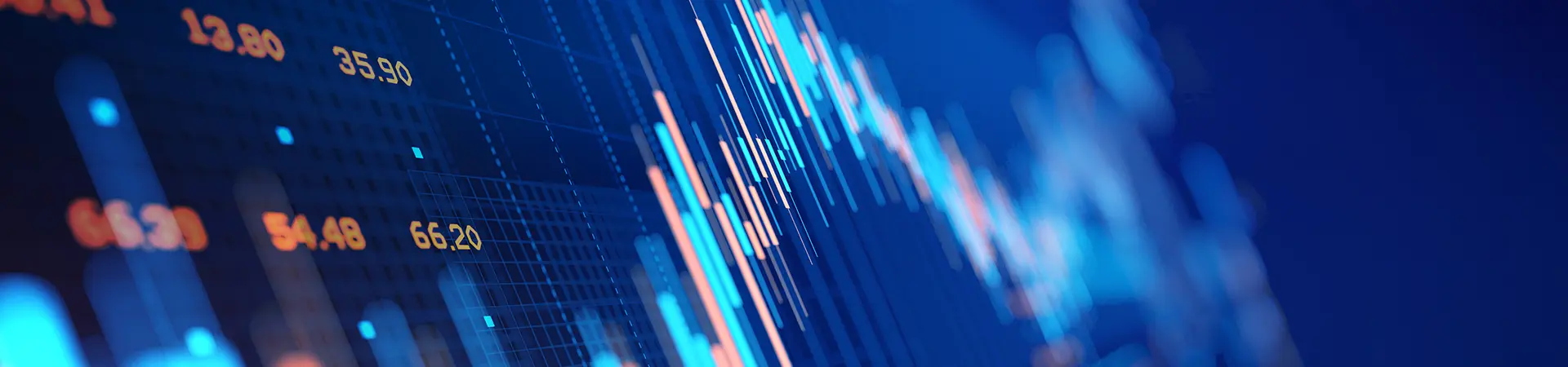 Close up of stock market chart on a glowing particle world map.