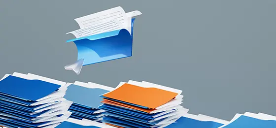 Digitally generated images of a large stack of file folders in various colours, including orange, and blue.
