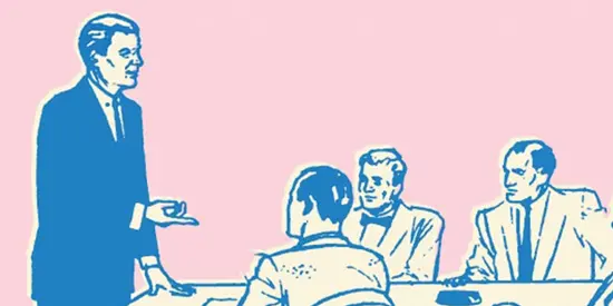 Illustration of businesspeople in a meeting, with one person standing and speaking to the group
