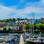 Bristol marina in summer with colourful houses