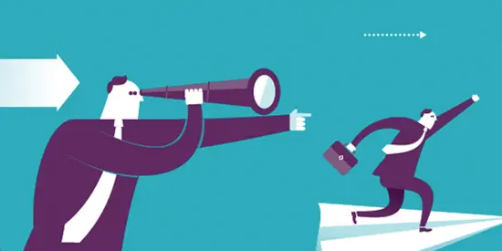 Graphic image of man looking through a telescope on a paper airplane