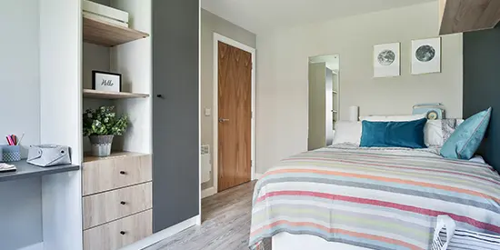 A light and airy bedroom on University of Manchester campus.