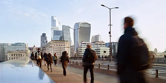 Financial district of London in morning rush hour.
