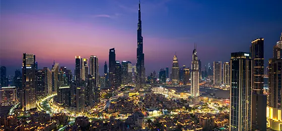 Dubai skyline taken at night.